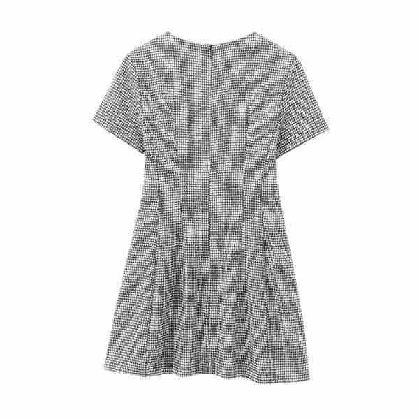 Short-Sleeve Round Neck Houndstooth Mini A-Line Dress Product Image