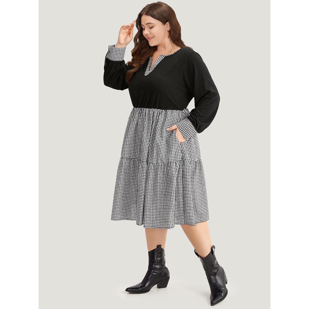 Plus Size Notched Drawstring Gingham Patchwor Dress Black Women Casual Patchwork Notched collar Long Sleeve Curvy Midi Dress BloomChic 18-20/2X Product Image