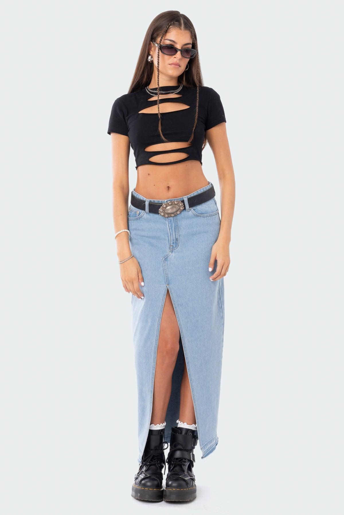 Front Slit Maxi Denim Skirt Product Image