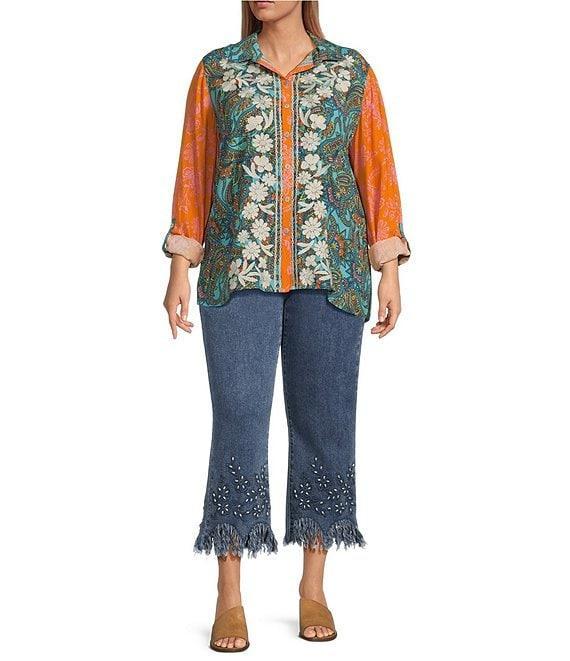 John Mark Plus Size Multi Print Point Collar Long Roll-Tab Sleeve Button Front Top Product Image