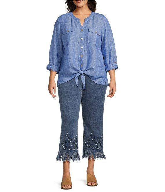 John Mark Plus Size Woven Y-Neck Long Roll-Tab Sleeve Tie-Front Button Front Top Product Image