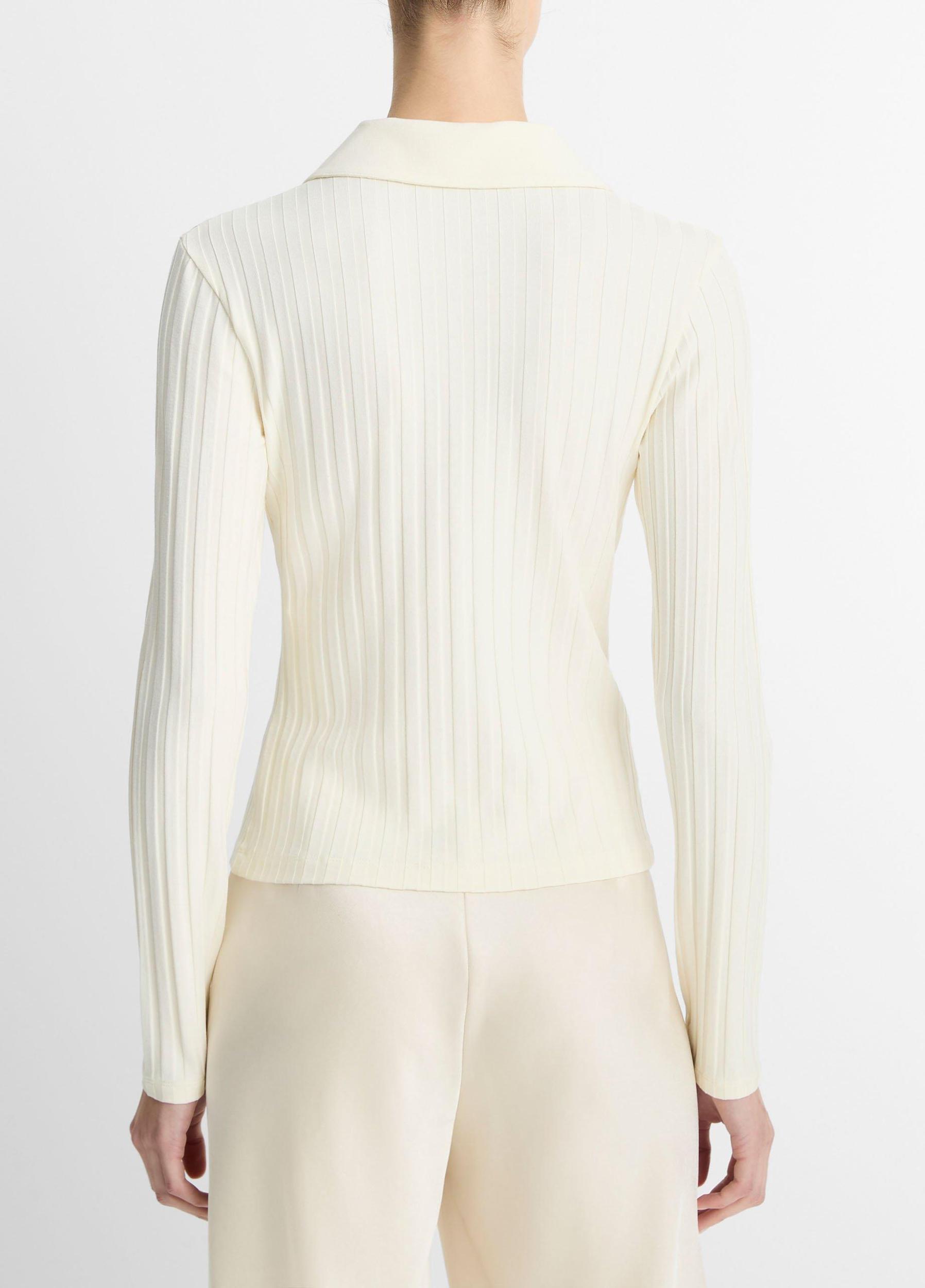 Ribbed Collared Long-Sleeve Button-Front Top Product Image