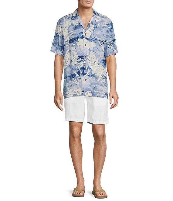 Caribbean Jacquard Watercolor Floral Print Short Sleeve Woven Camp Shirt Product Image