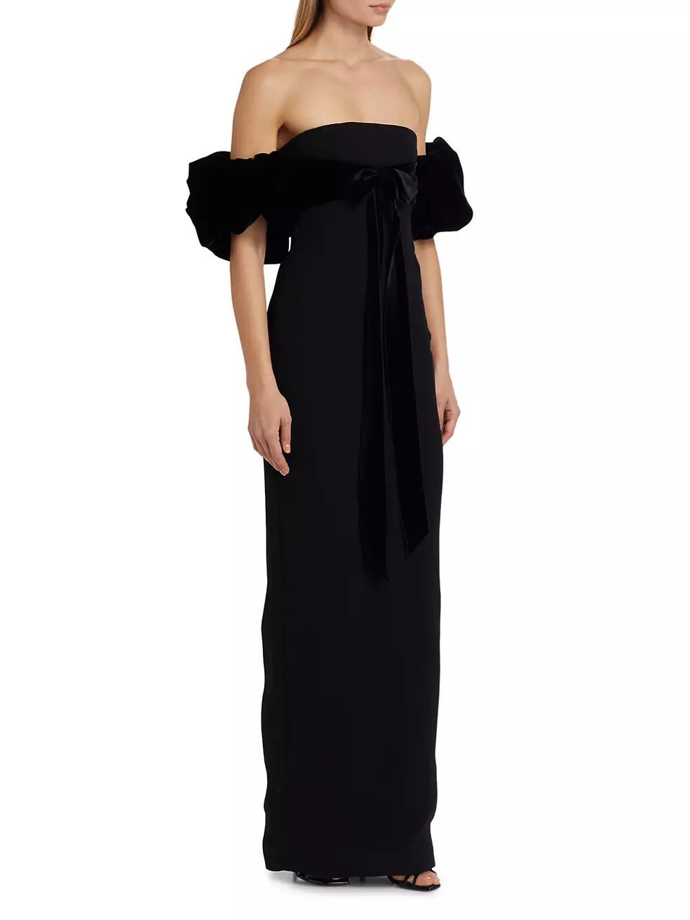 Velvet Strapless Puff-Sleeve Column Gown Product Image