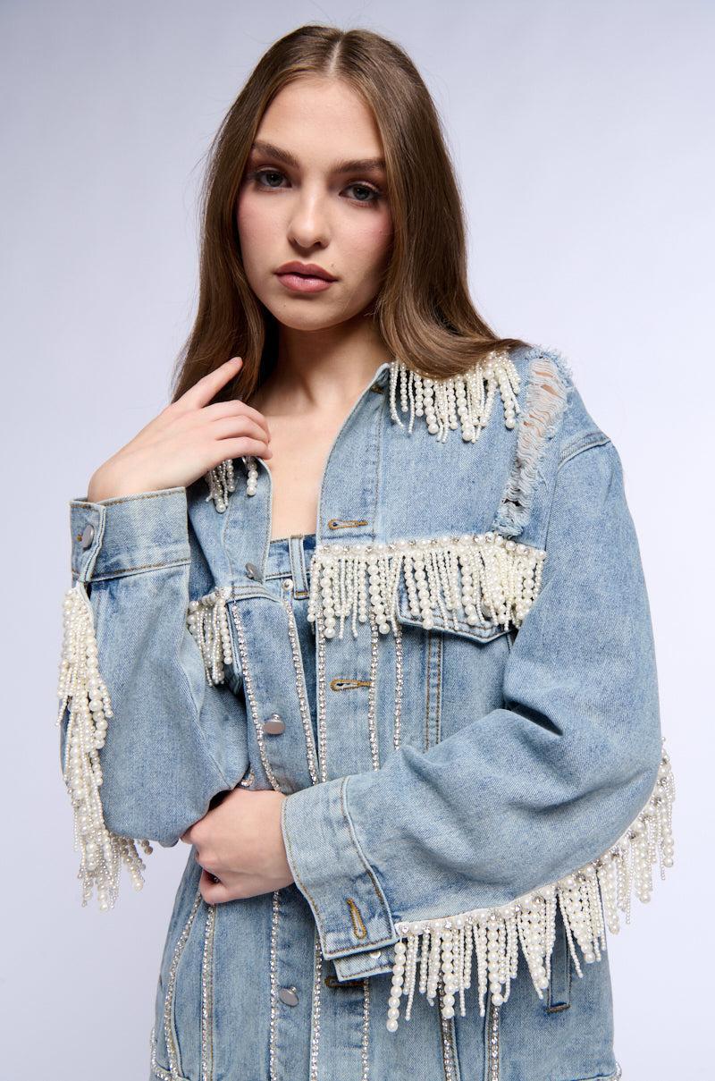 SHOW STOPPER PEARL EMBELLISHED DENIM JACKET Product Image