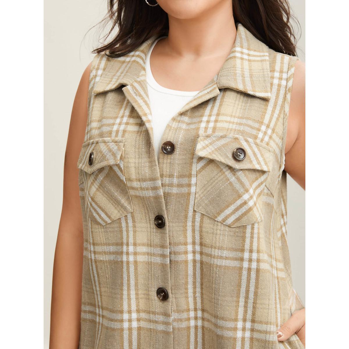 Plus Size Plaid Flap Detail Sleeveless Jacket Women LightBrown Button Side seam pocket Everyday Jackets BloomChic 28/5X Product Image