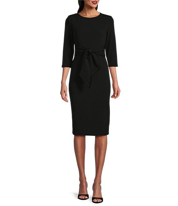 Adrianna Papell Stretch Crepe Crew Neck Tie Waist 3/4 Sleeve Midi Sheath Dress Product Image