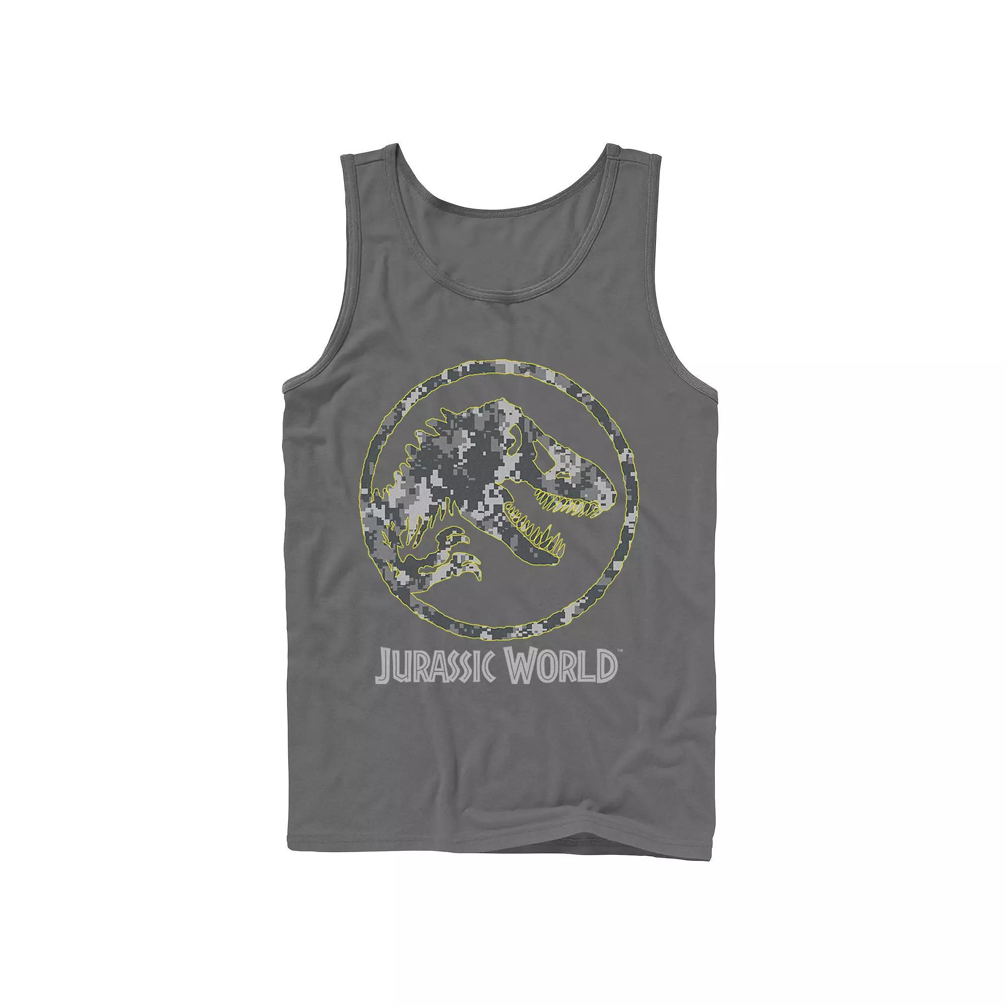 Men's Jurassic World Camouflage Yellow Outline Fossil Coin Logo Tank Top,  Product Image