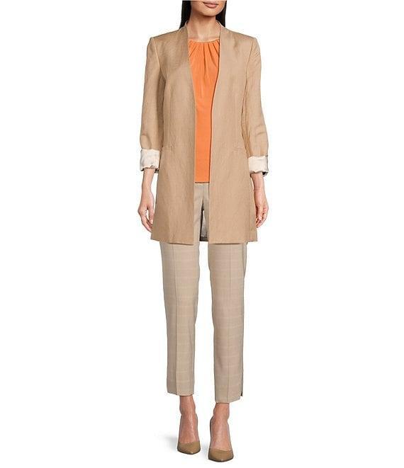 Calvin Klein Linen Blend Contrast Lining Long Satin Roll-Tab Sleeve Coordinating Open Front Jacket Product Image