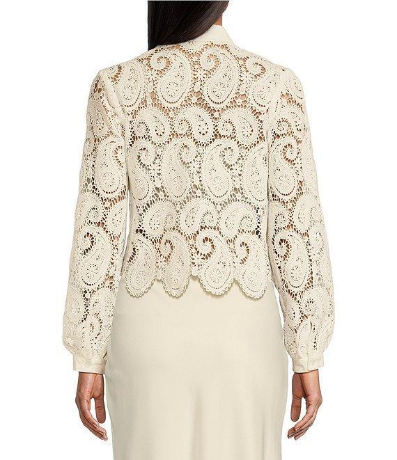 Evolutionary Collared Long Sleeve Paisley Crochet Button Front Top Product Image