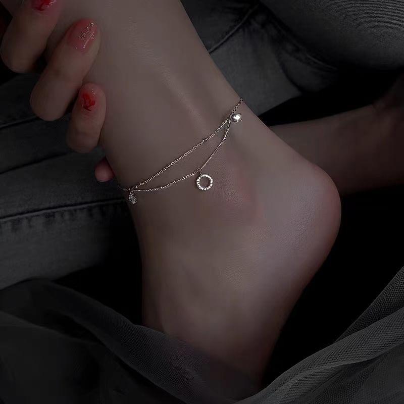 925 Sterling Silver Rhinestone Layered Anklet Product Image