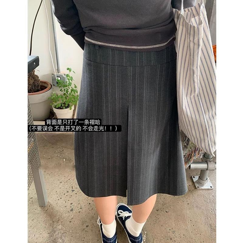 High Waist Striped Midi A-Line Pleated Skirt Product Image