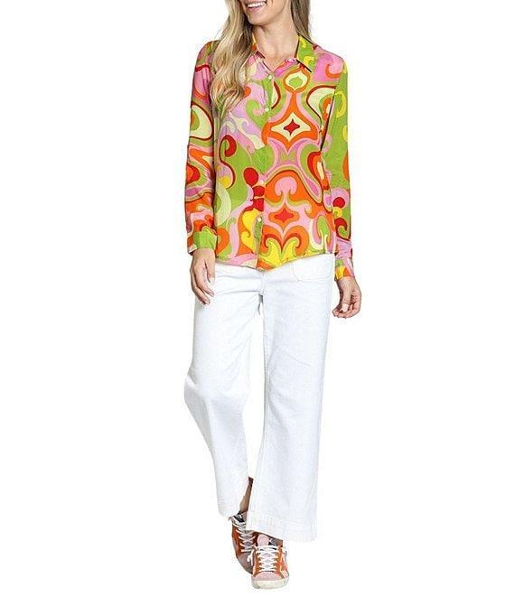 APNY Woven Printed Spread Collar Long Sleeve Button Front Top Product Image