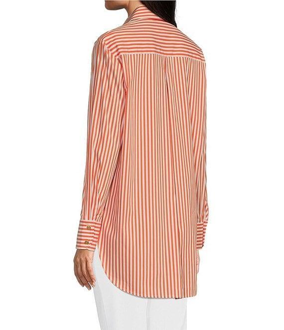 Jude Connally Kimber Cotton Stripe Point Collar Curved High-Low Long Sleeve Button-Front Shirt Product Image