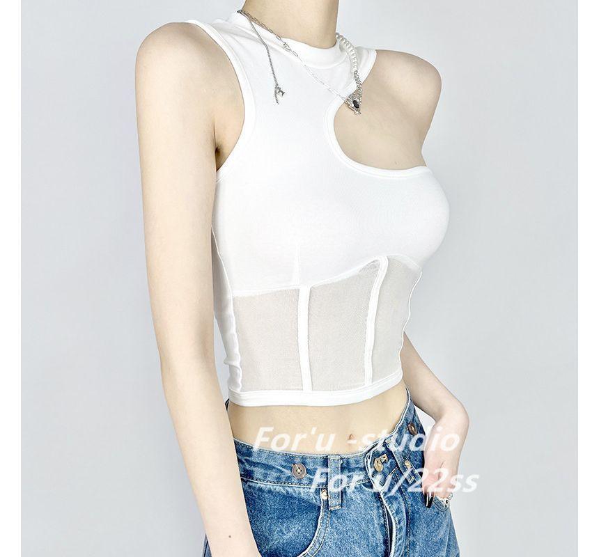 Crewneck Plain Mesh Cropped Tank Top Product Image