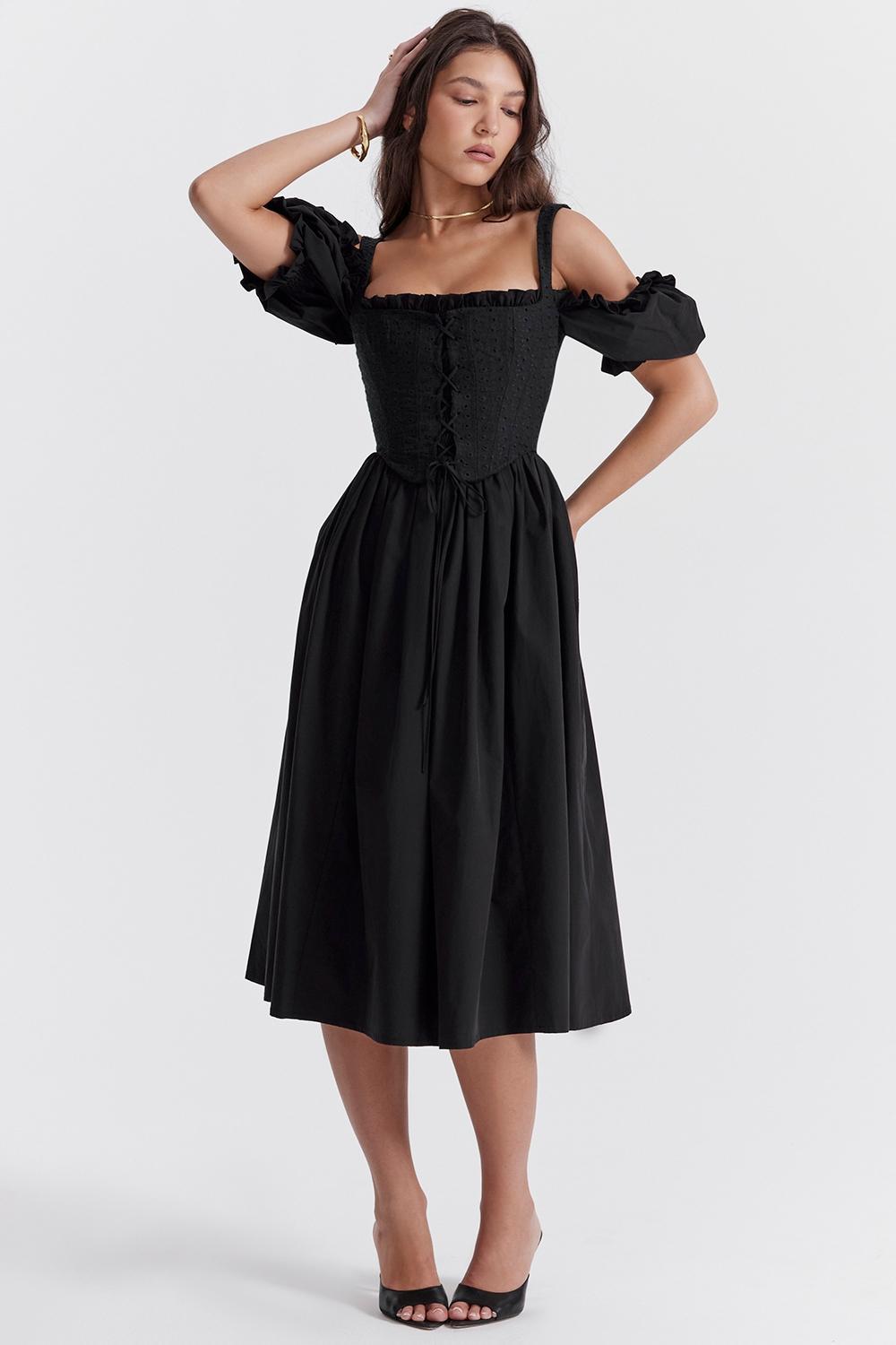 Silvana Black Puff Sleeve Midi Sundress Product Image