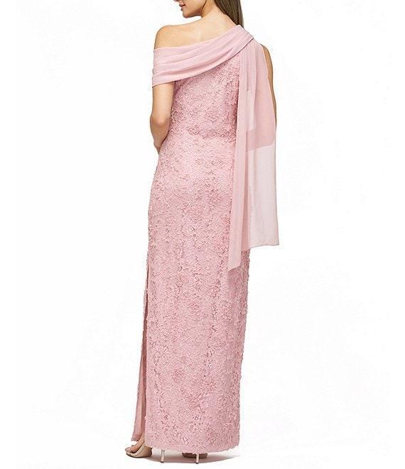 JS Collections Lace Floral Soutache Asymmetrical Neck with Chiffon Drape Back Gown Product Image