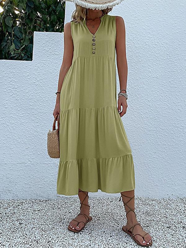 Loose Sleeveless Pleated Split-Joint V-Neck Midi Dresses Product Image