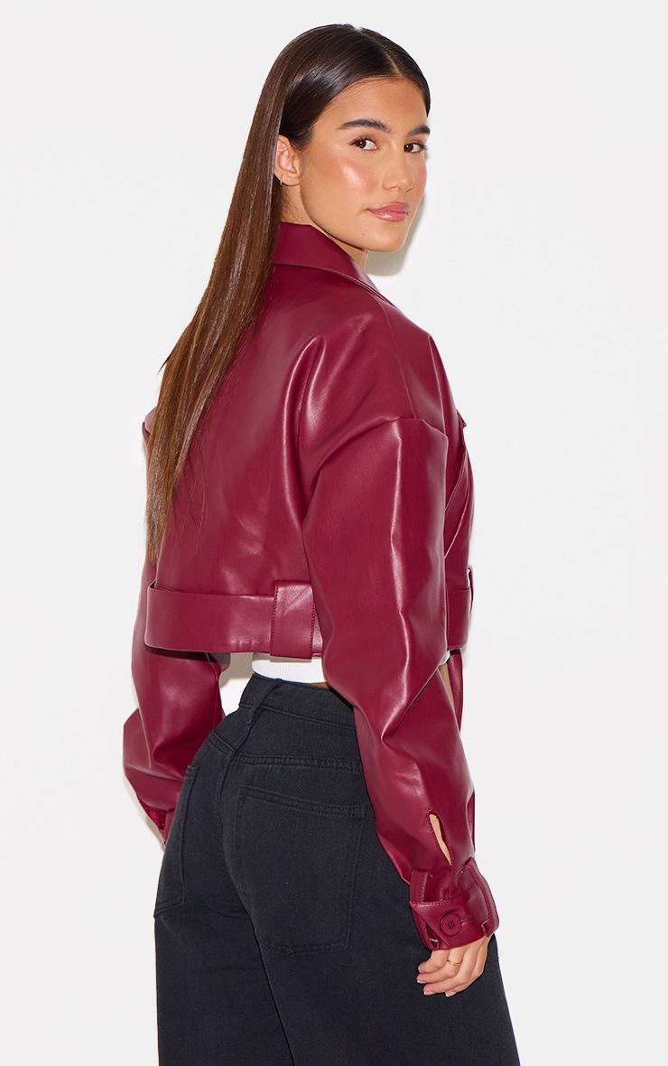 Burgundy Faux Leather Cropped Biker Jacket Product Image