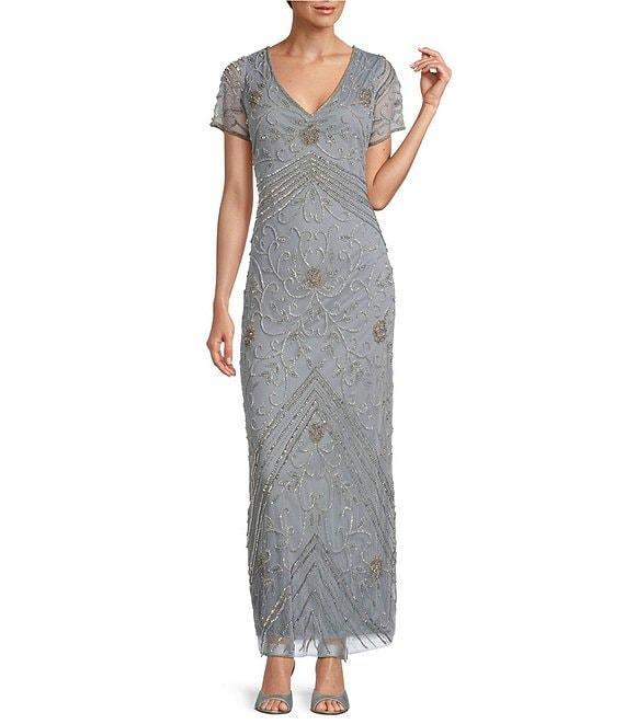 Pisarro Nights Beaded V-Neck Short Sleeve Sheath Gown Product Image