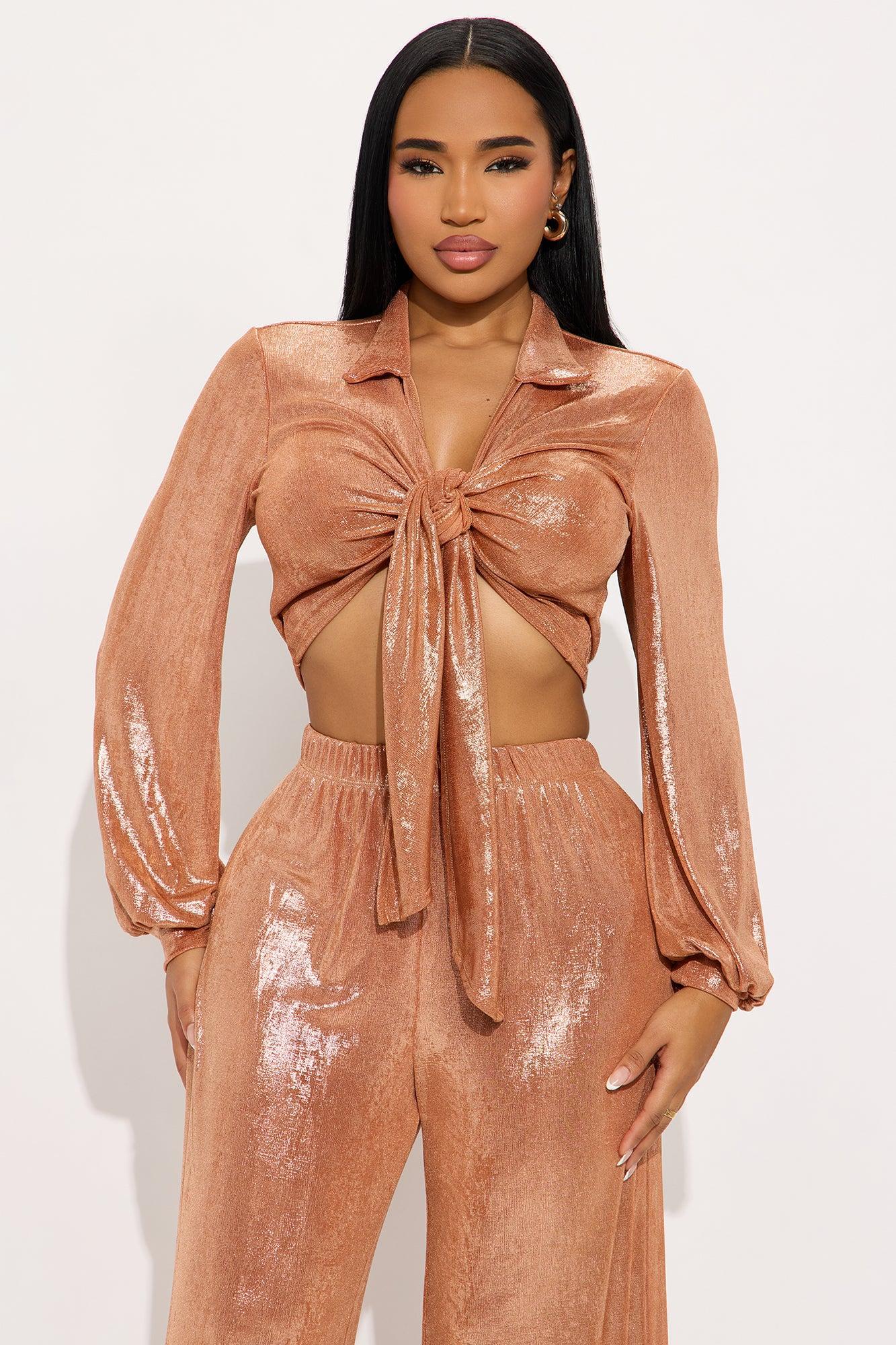 Arlene Metallic Slinky Wide Leg Pant Set - Rose Gold Female Product Image