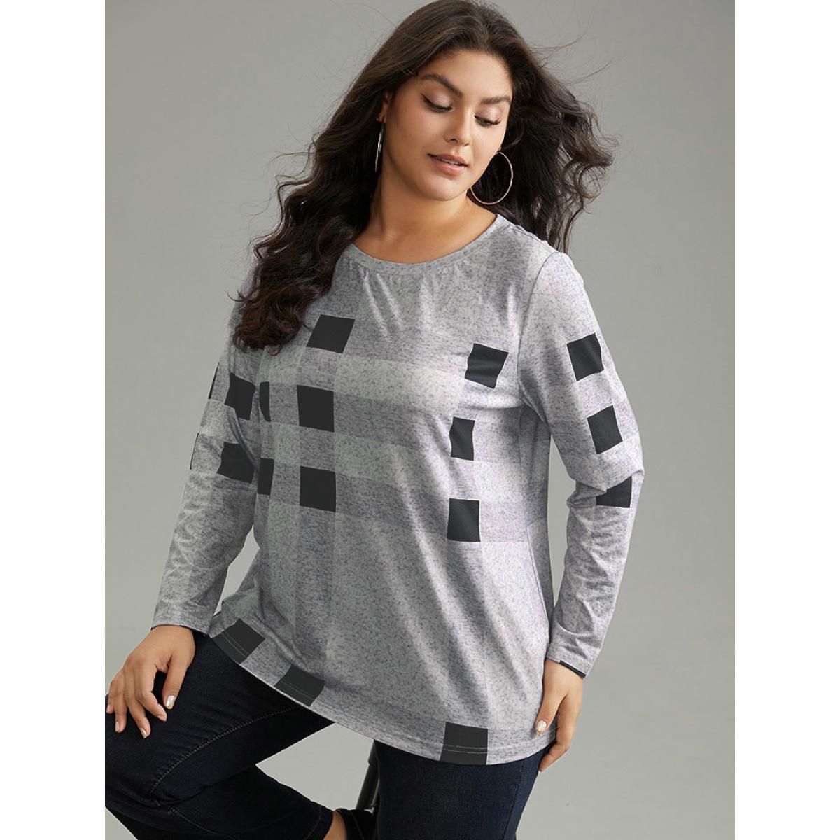 Plus Size Plaid Print Contrast Round Neck T-shirt LightGray Women Casual Contrast Plaid Round Neck Everyday T-shirts BloomChic 18-20/2X Product Image