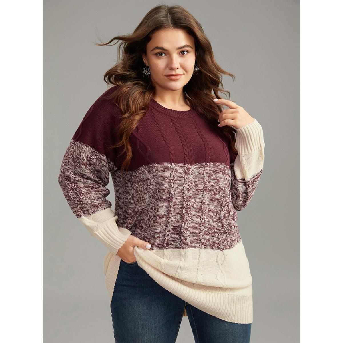 Plus Size Cable Knit Heather Colorblock Patchwork Pullover Burgundy Women Casual Loose Long Sleeve Round Neck Dailywear Pullovers BloomChic 22-24/3X Product Image