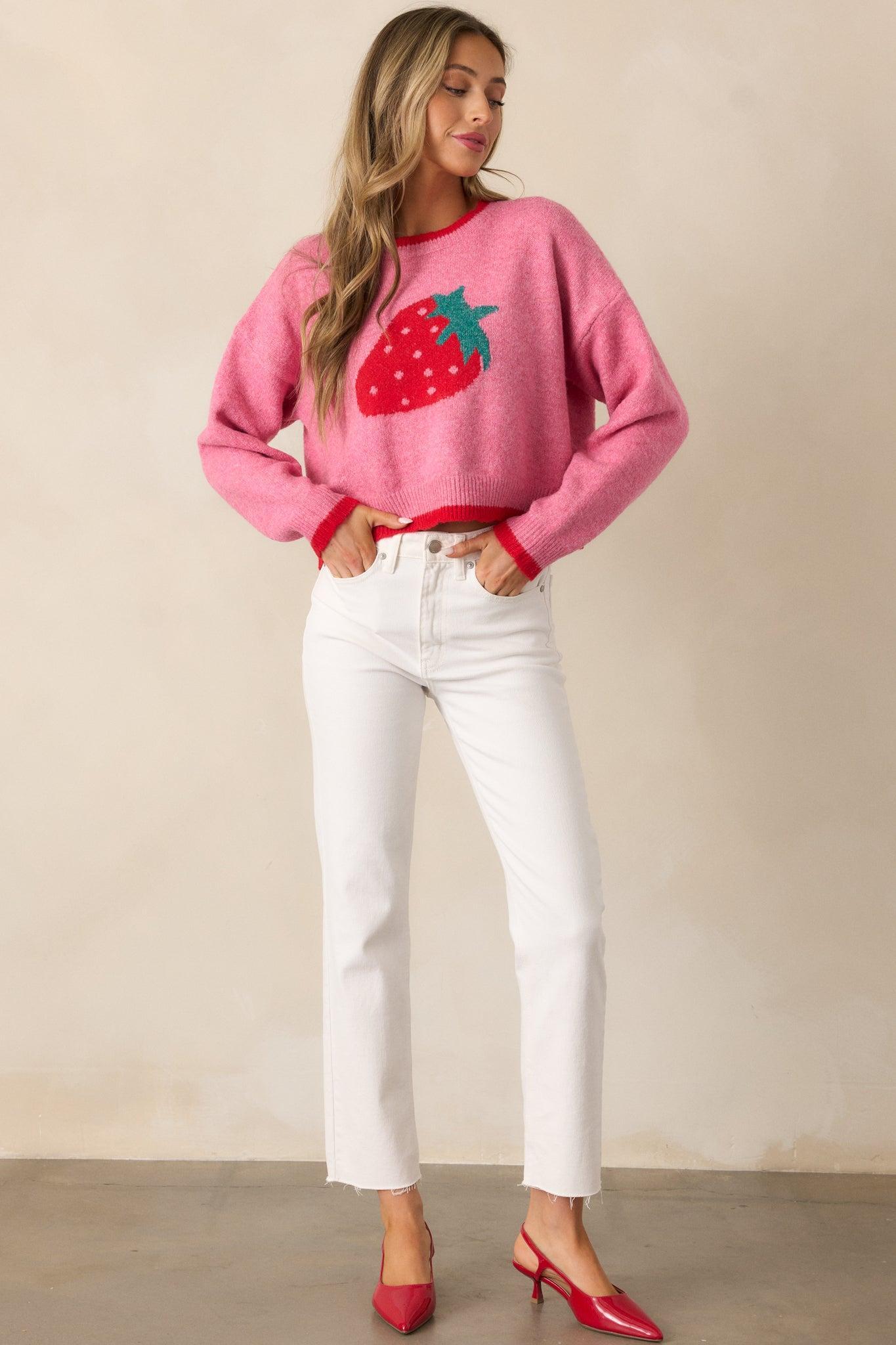 Strawberry Picking Pink Cropped Long Sleeve Sweater Product Image