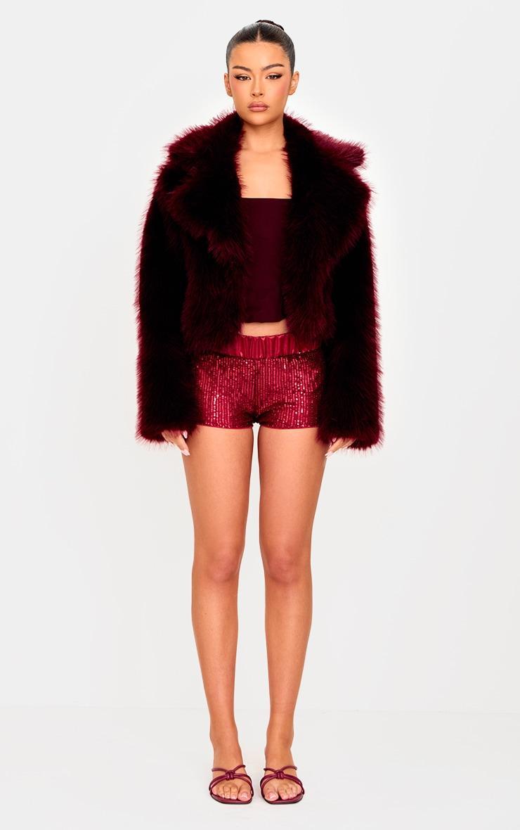 Burgundy Waistband Detail Sequin Mini Shorts Product Image