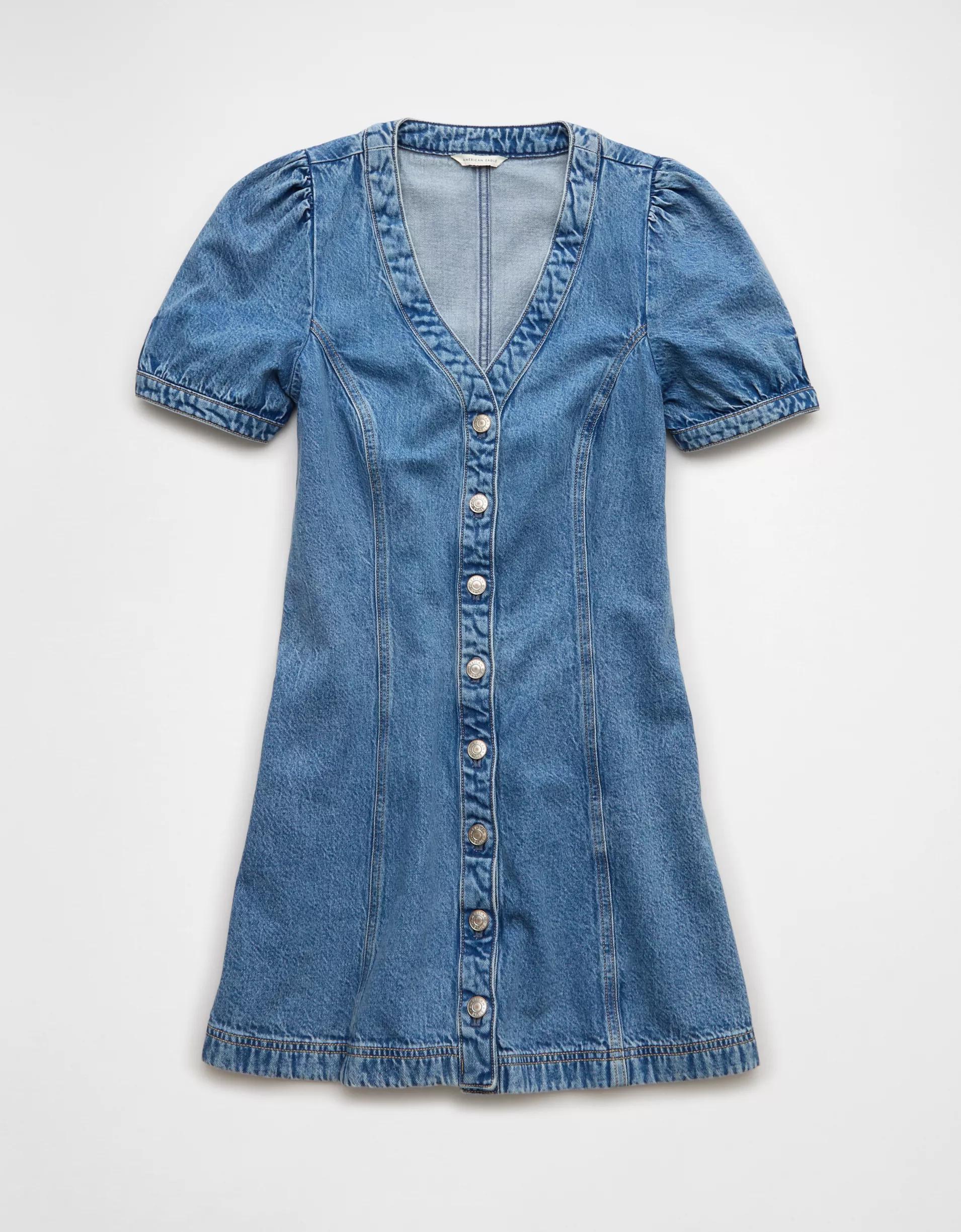 AE Puff Sleeve Denim Shift Dress Product Image