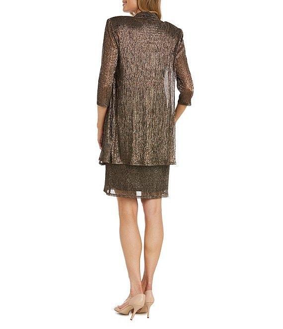 R & M Richards Scoop Neck 3/4 Sleeve Drape Front Metallic 2-Piece Jacket Dress Product Image