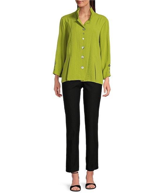 Ali Miles Petite Size Woven Solid Wire Collar 3/4 Sleeve Pleated Hem Button Front Tunic Product Image