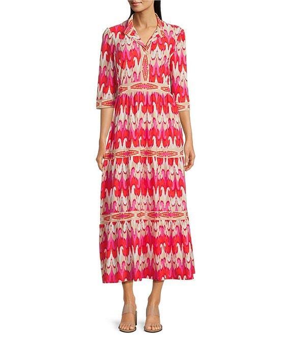 Jude Connally Candy Paradise Ikat Print Jude Cloth Knit V-Neck 3/4 Sleeve A-Line Tiered Maxi Dress Product Image