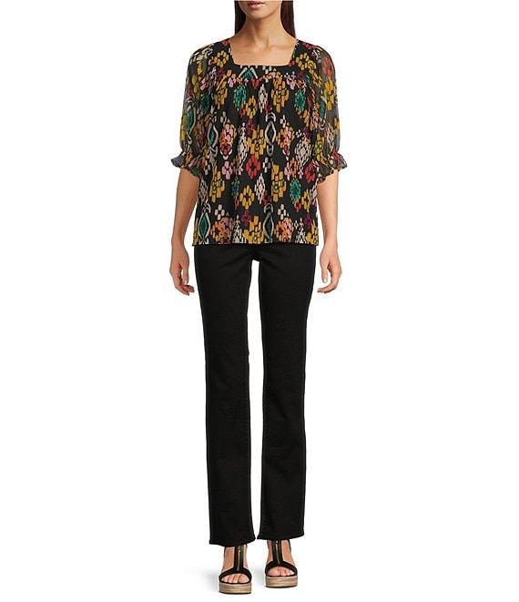Calessa Mesh Knit Abstract Ikat Print Square Neck Elbow Sleeve Tunic Product Image