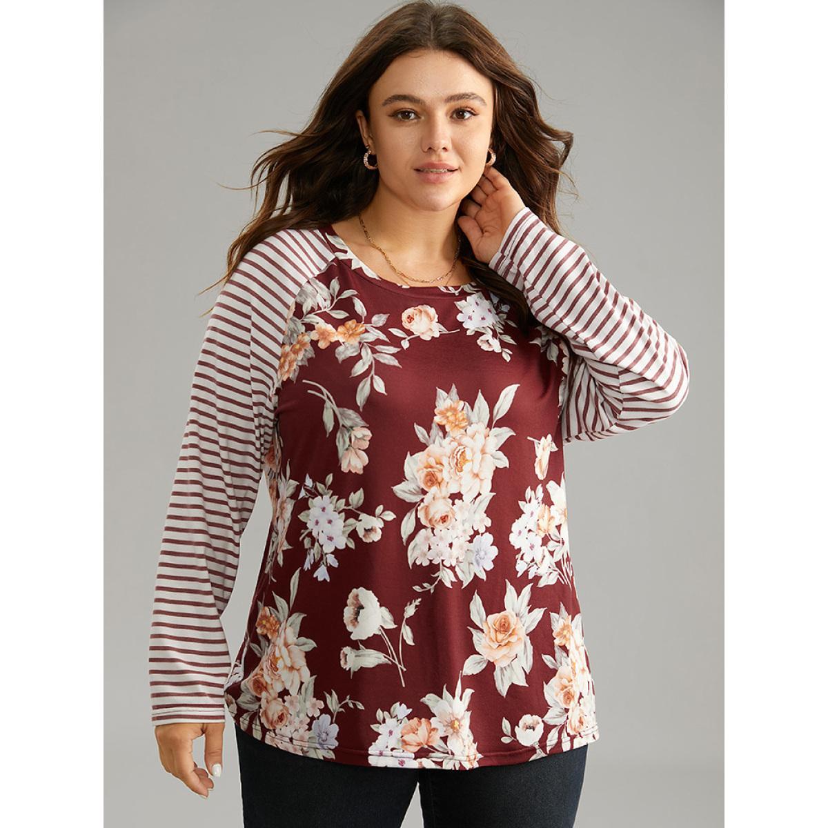 Plus Size Striped Patchwork Floral Print T-shirt Burgundy Women Elegant Contrast Striped Round Neck Dailywear T-shirts BloomChic 10/M Product Image