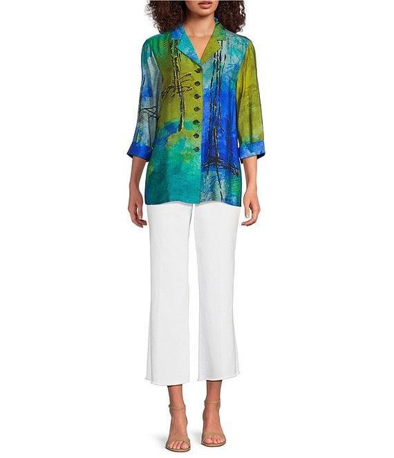 Ali Miles Woven Color Block Print Point Collar 3/4 Sleeve Button Front Tunic Product Image