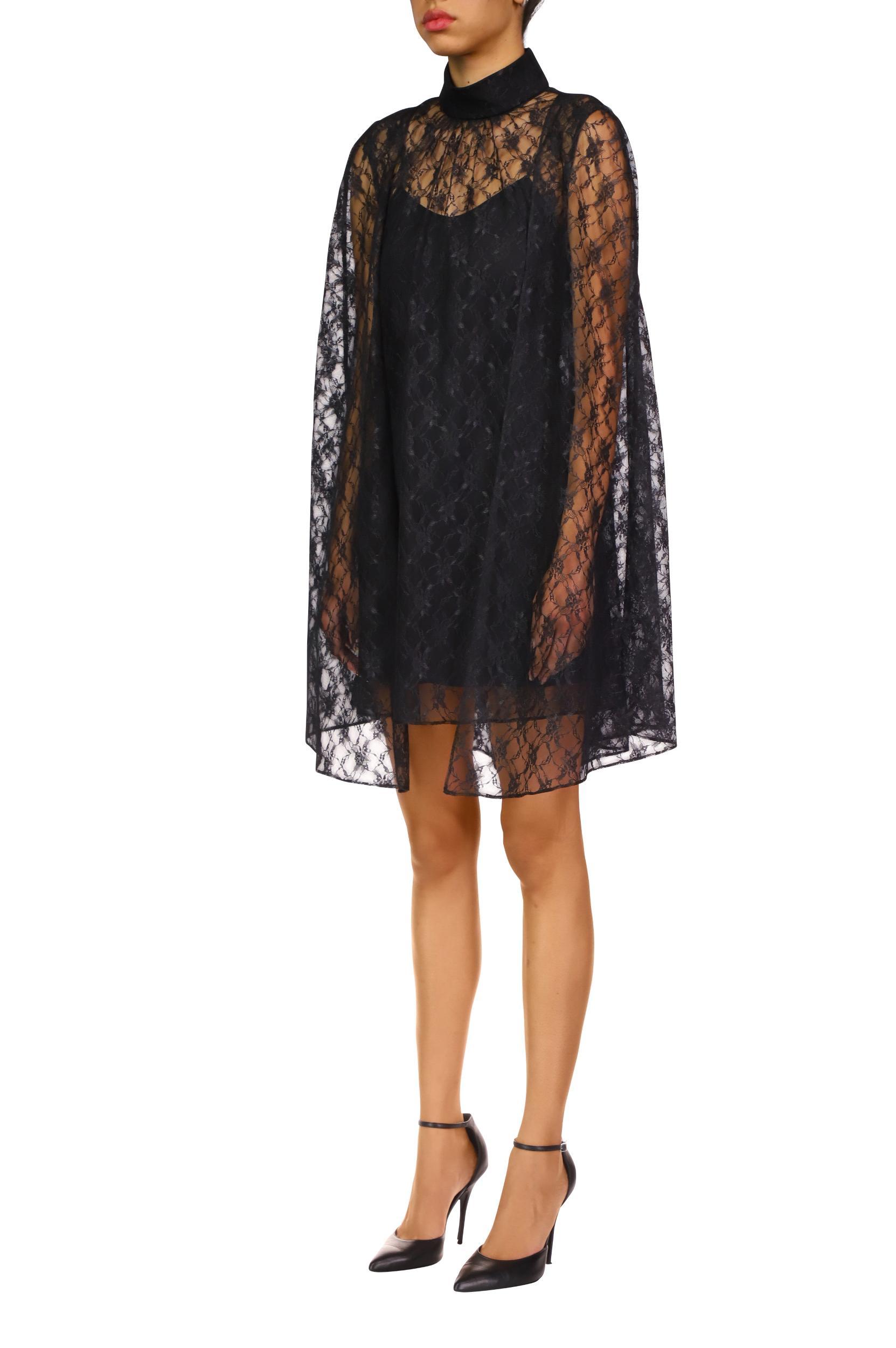 Black Floral Lace Cape Mini Dress Product Image