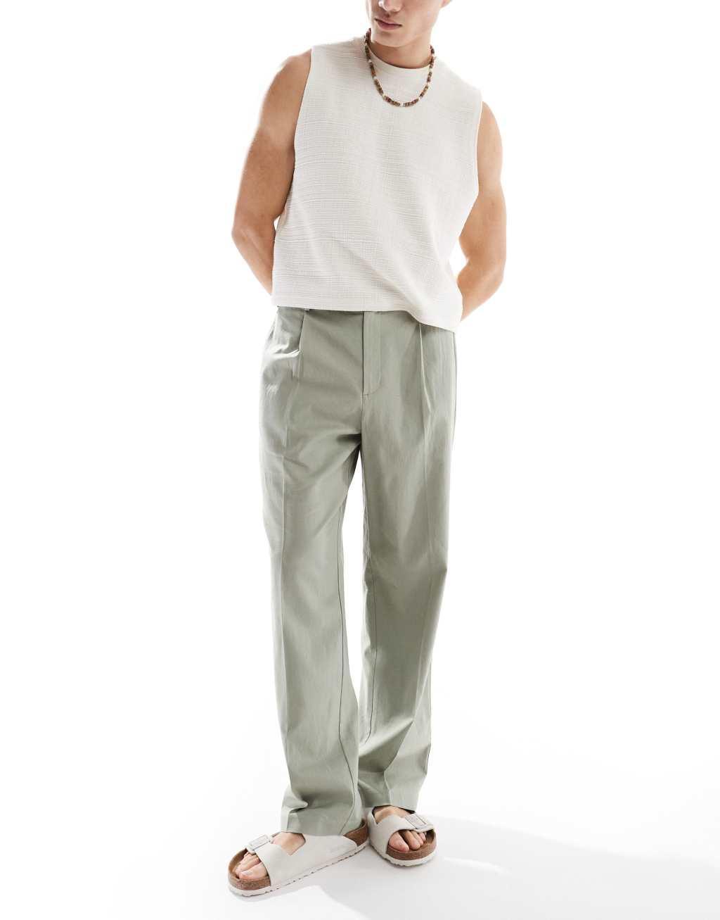 ASOS DESIGN smart wide leg linen blend pants with front pleat in sage green Product Image