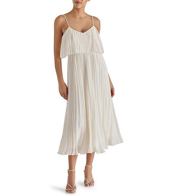 Steve Madden Sakura Pleated Woven V Neck Sleeveless Fit and Flare Midi Dress Product Image