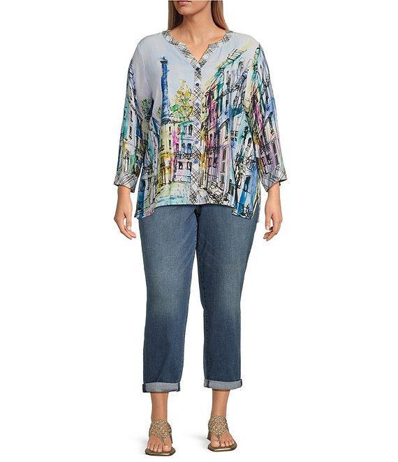 Ali Miles Plus Size Woven Printed Mandarin Collar 3/4 Adjustable Sleeve Hi-Low Hem Tunic Product Image