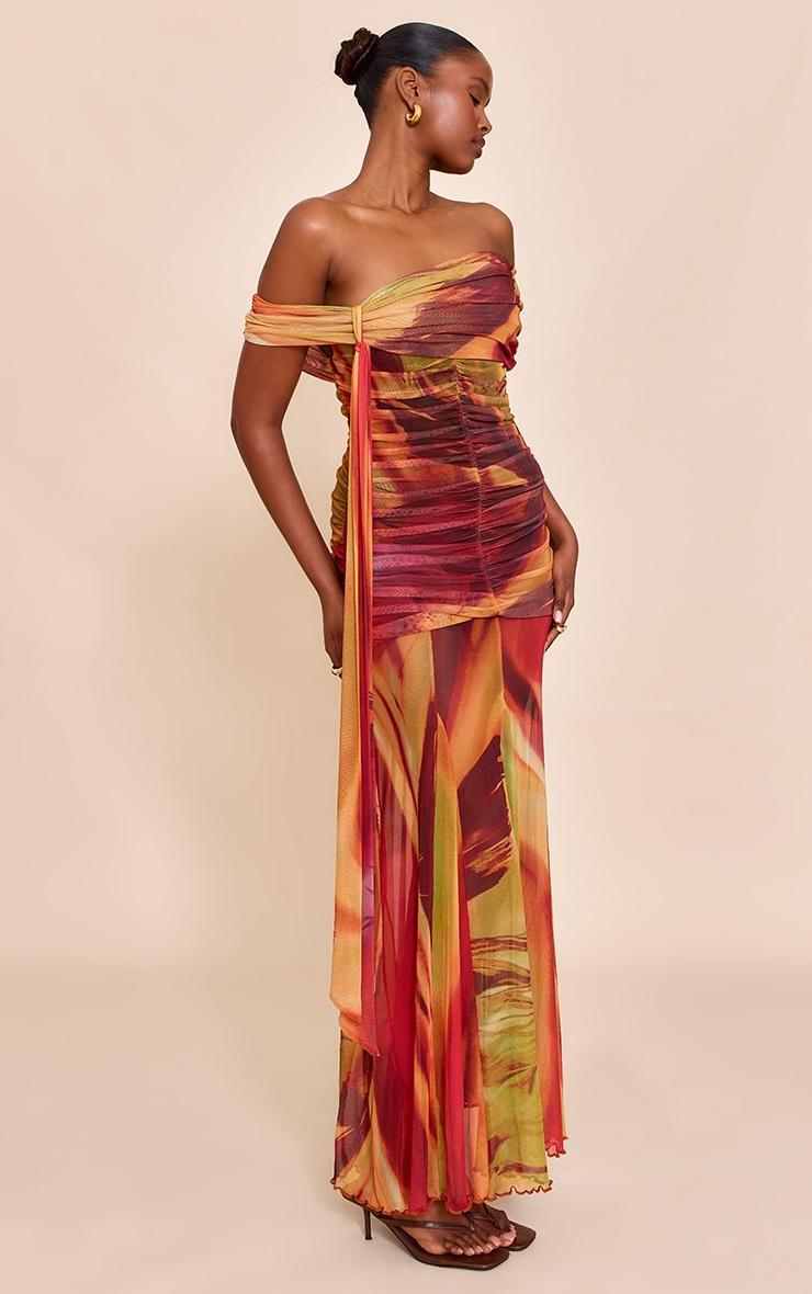 Burnt Orange Abstract Print Lined Mesh Bardot Maxi Dress Product Image