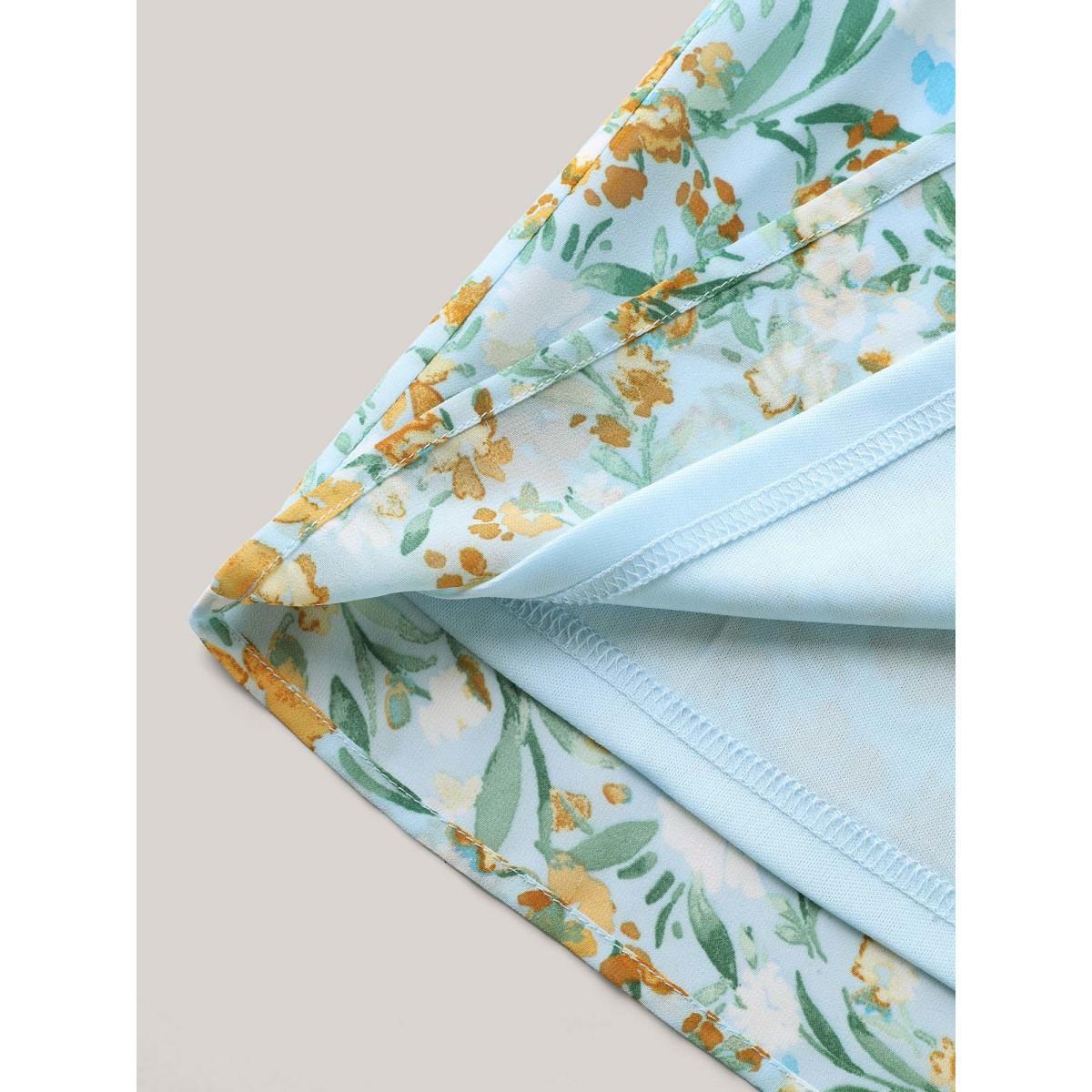 Plus Size LightBlue Floral Print Ruffled Layered Sleeve Blouse Women Romantic Short sleeve V-neck Elegant Blouses BloomChic 10/M Product Image