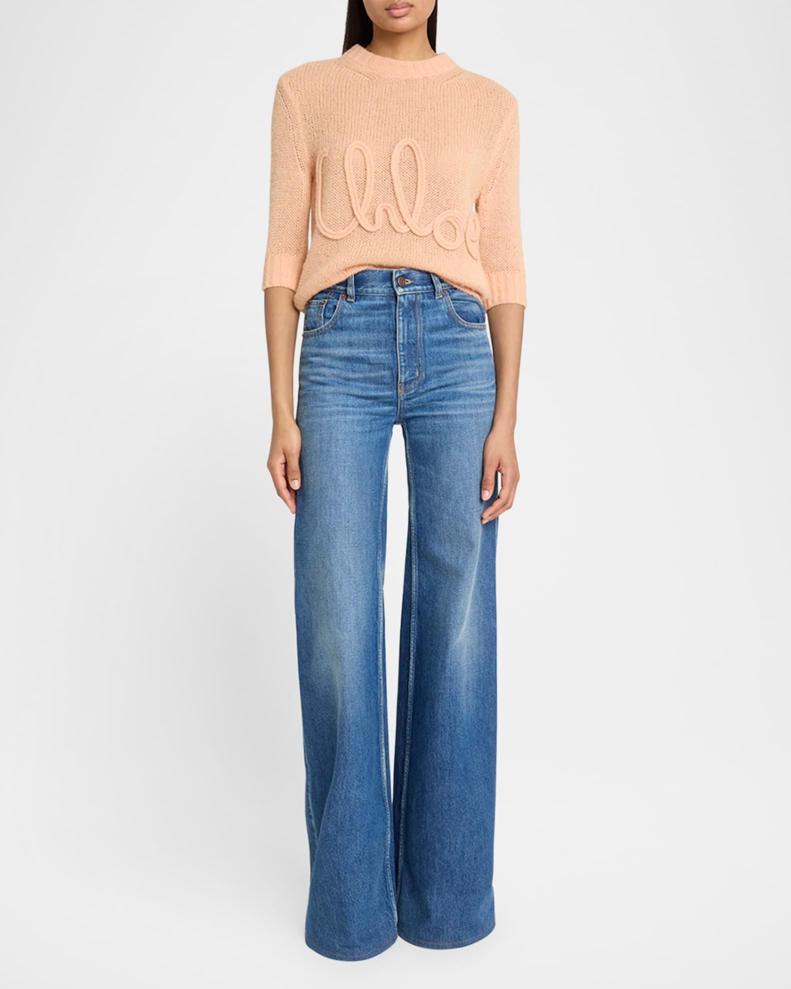 Logo Embroidered Open-Knit 3/4-Sleeve Sweater Product Image