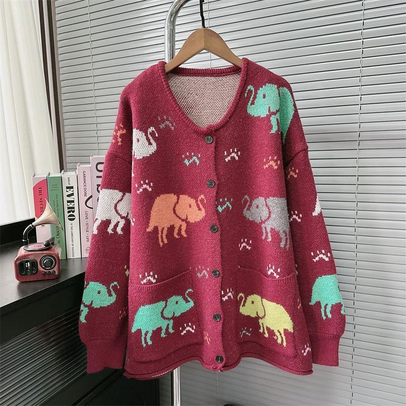 Round Neck Elephant Jacquard Cardigan Product Image