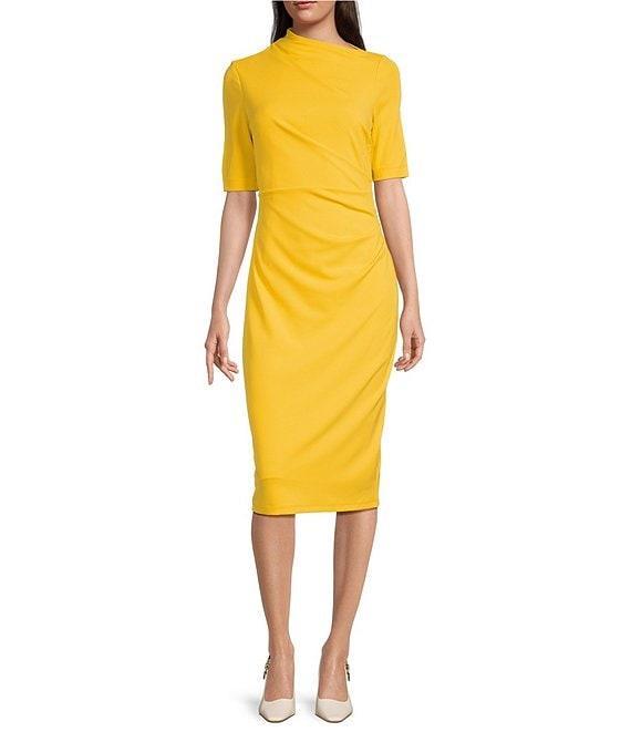 Maggy London Mock Neck Short Sleeve Draped Midi Sheath Dress Product Image