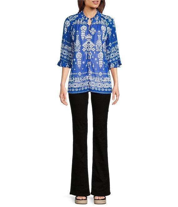 Calessa Mesh Knit Split V-Neck 3/4 Sleeve Border Henna Print Tunic Product Image