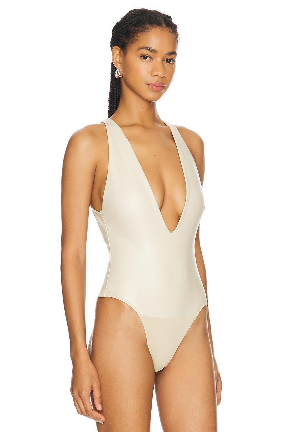 Faux Leather Plunge Neck Bodysuit Lapointe Product Image