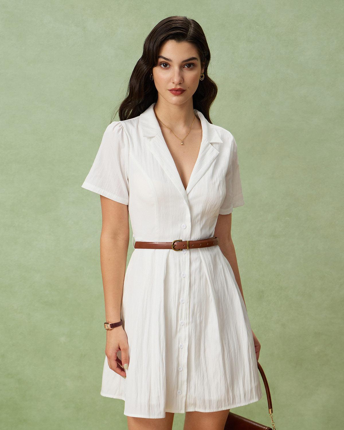 White Puffed Sleeve Button Mini Dress Product Image