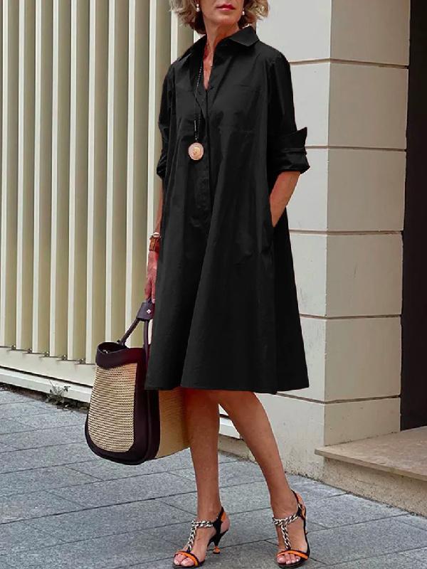 Simple Long Sleeves Solid Color Lapel Midi Dress Product Image