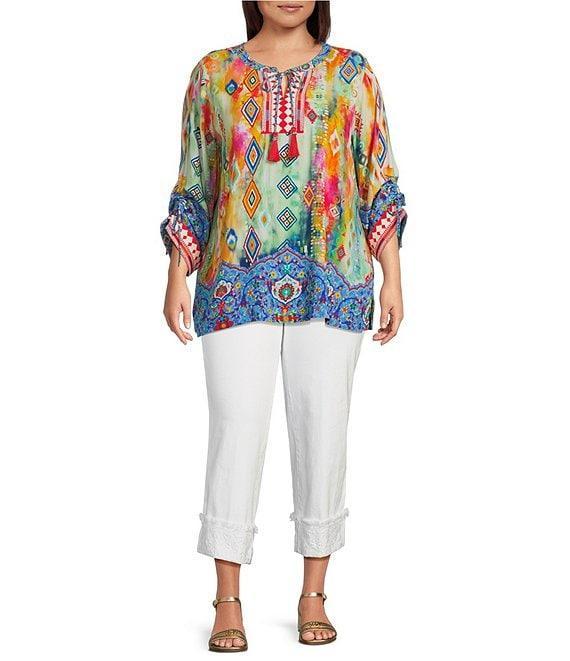 John Mark Plus Size Embroidered Printed Split V-Neck 3/4 Cinched Sleeve Tassel Tie Front Tunic Product Image